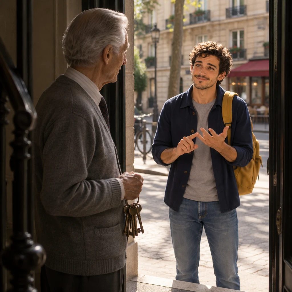 From the doorway, Sam ticks points on his fingers on the pavement, checking whether charges are included in the rent.