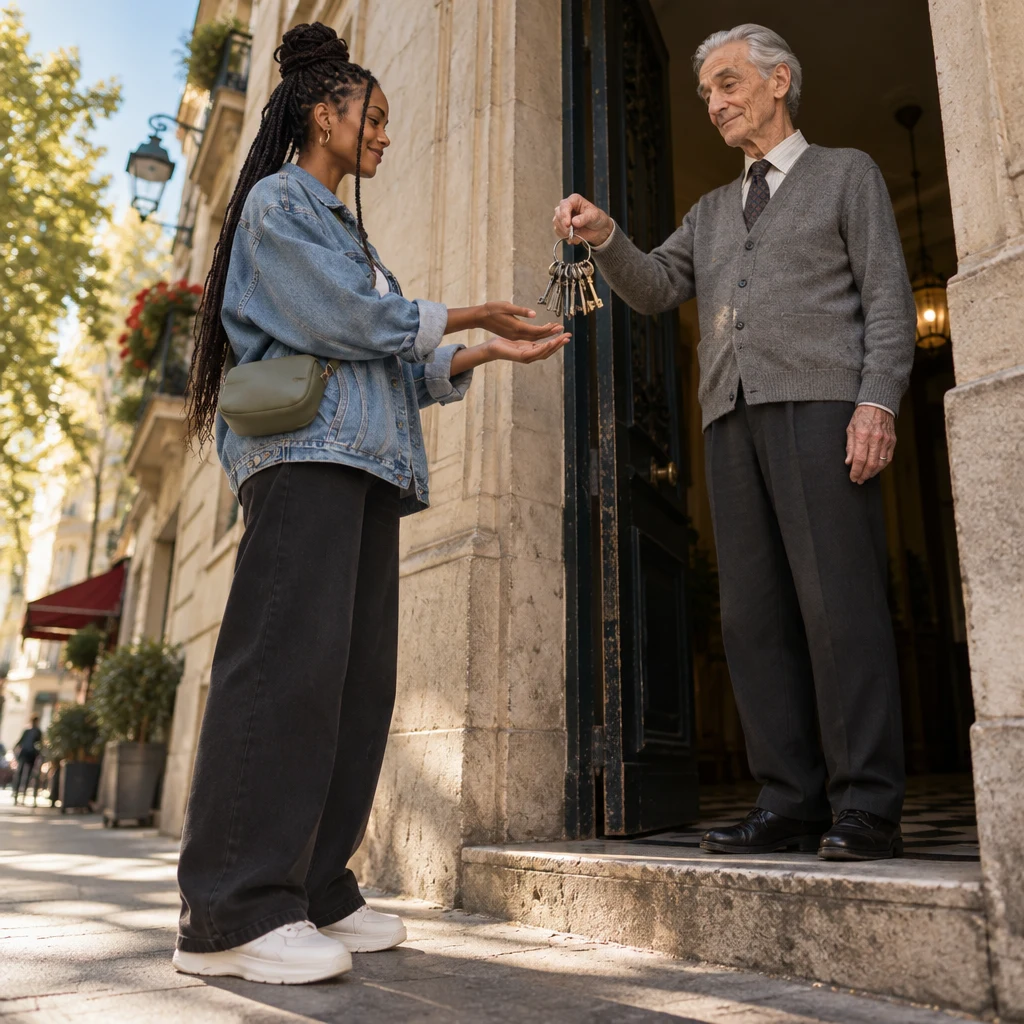 Inès holds both palms open toward Monsieur Lefebvre’s key ring, checking the size of the security deposit.