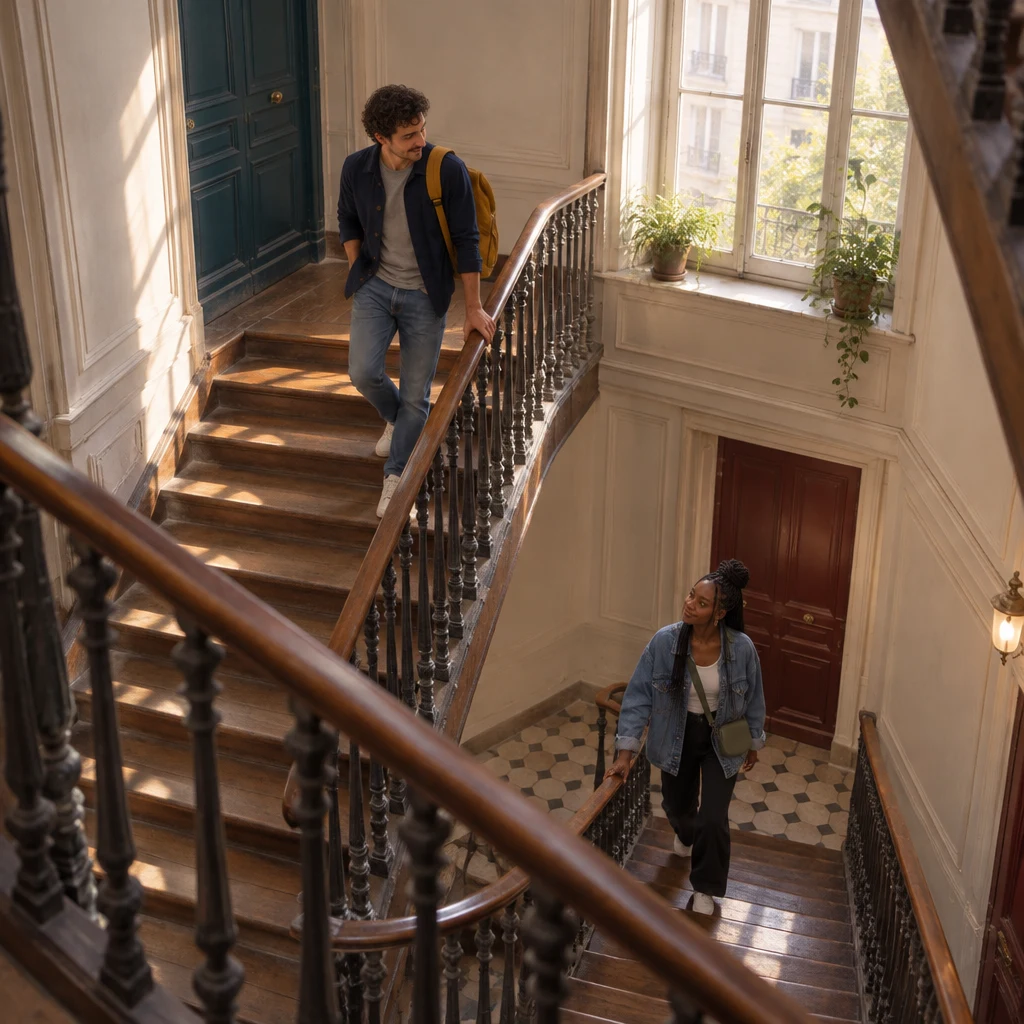 A wide stairwell view of Sam midway up a wooden walk-up with a mustard backpack while Inès in a denim jacket climbs from two floors below.