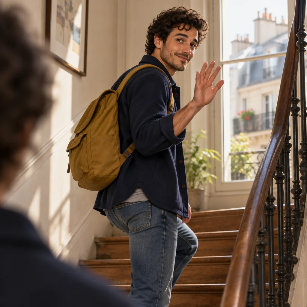 A medium-wide shot of Sam on a stair landing, mustard backpack on, body turned to leave, one hand raised in a warm stay-in-touch farewell.