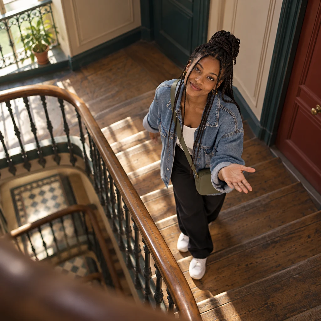 A side-angle medium shot of Inès on the stairs in a denim jacket, turned up the flight with an open palm toward someone above.