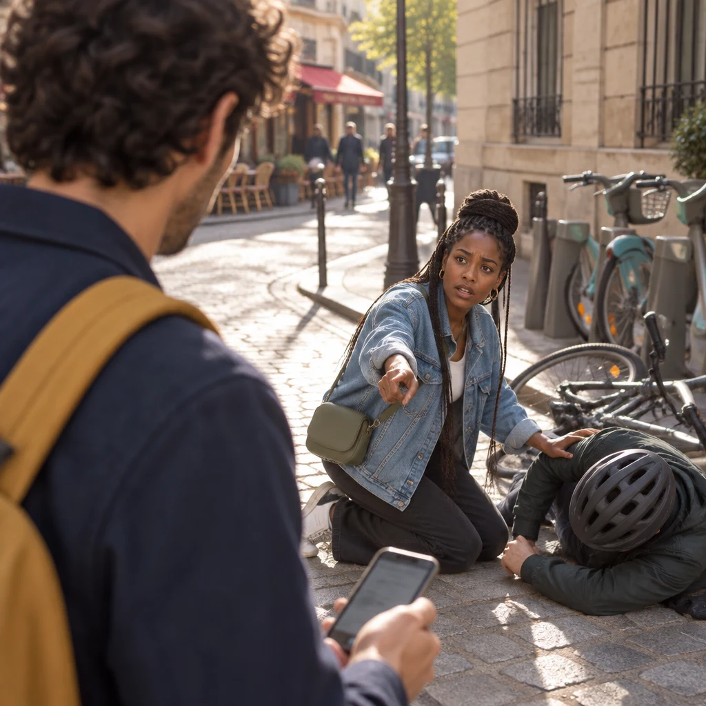 An over-the-shoulder view past Sam’s phone toward Inès, still kneeling, gesturing at him to get help.