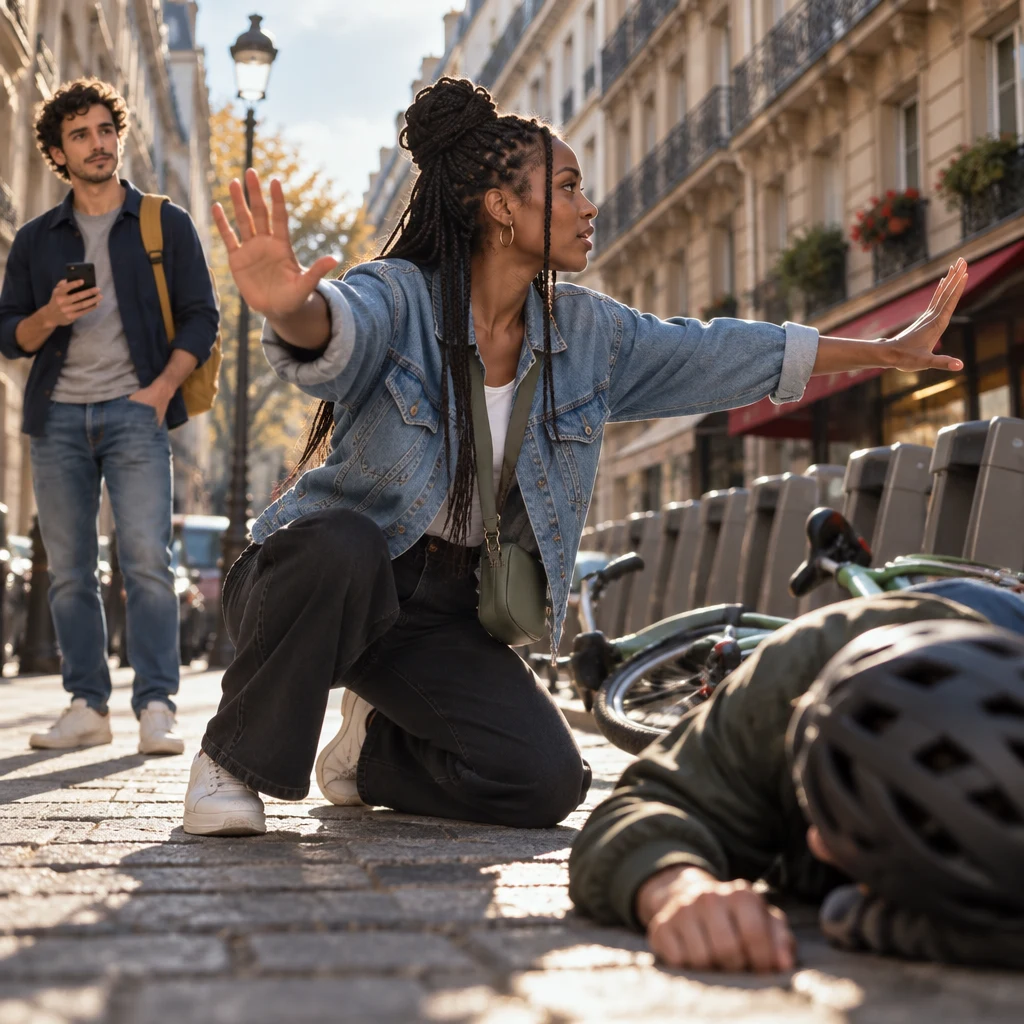 A low-angle shot of Inès up on her knees, body twisted toward the street with both arms flung in a warning gesture, and Sam smaller at the edge of the frame.