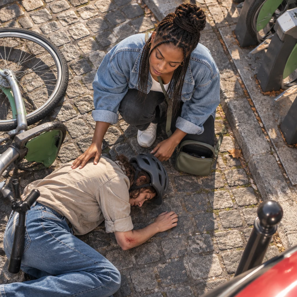 A high-angle view looking down at the fallen cyclist while Inès leans in from the side, her hand near him and the green bag open.