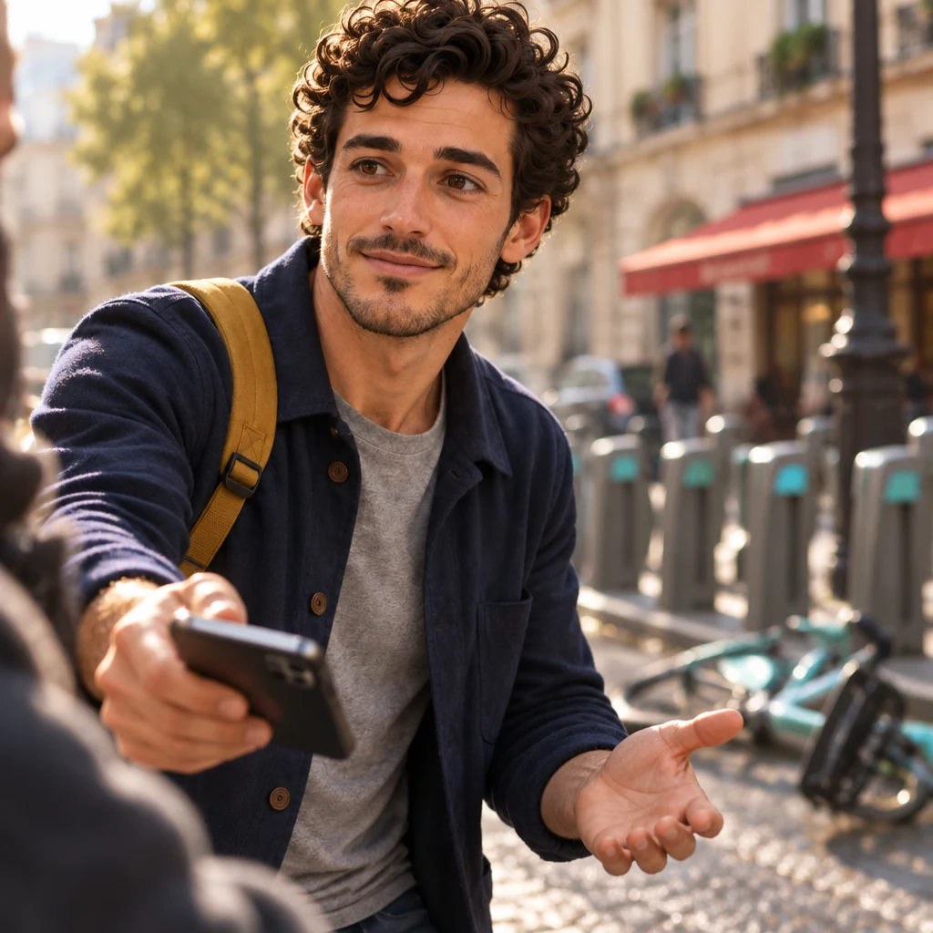A close-up of Sam holding a phone out at chest height toward the accident off-frame, offering it so someone can call for help.