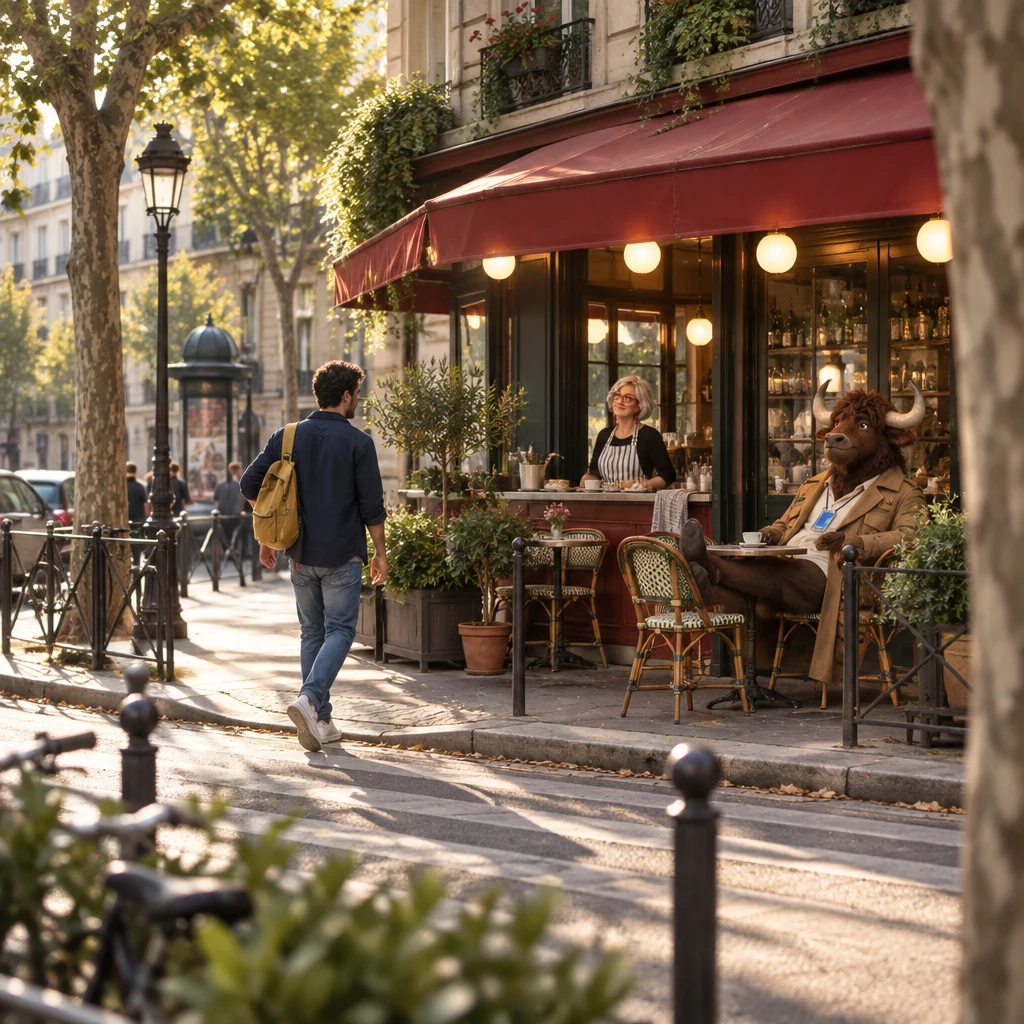 A wide morning view of the street with Sam approaching the café terrace, Odile at the open counter, and Gaspard seated on the terrace.