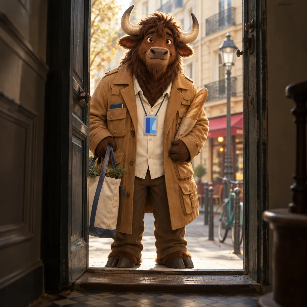 Gaspard filling the open street doorway with a tote and a baguette, leaning forward but not stepping in.