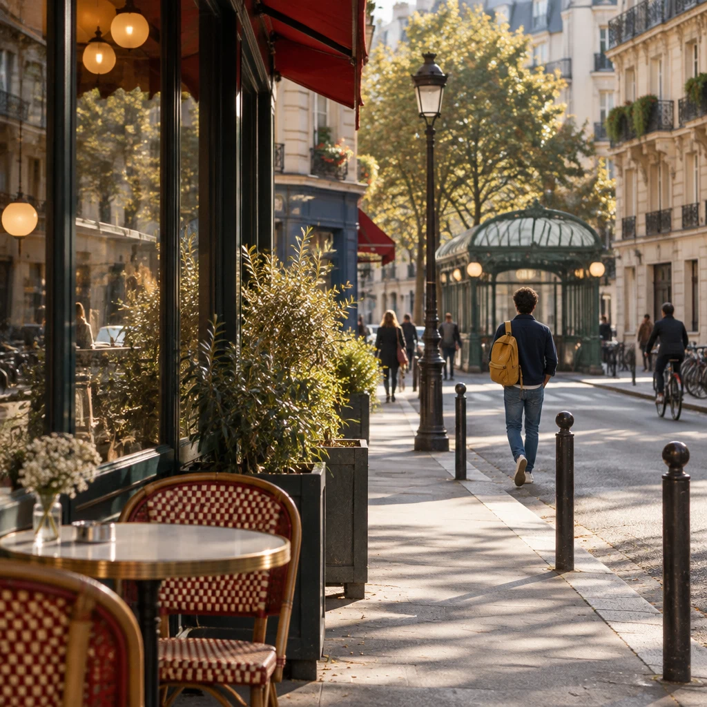 On a clear morning on rue des Tilleuls, Sam walks toward the metro while the café window table stays empty behind.