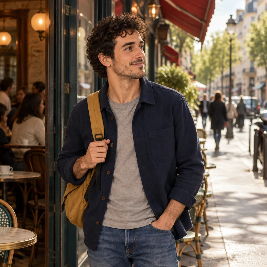 Sam has stepped a few paces out of the café onto the sidewalk and pauses to look down the street.