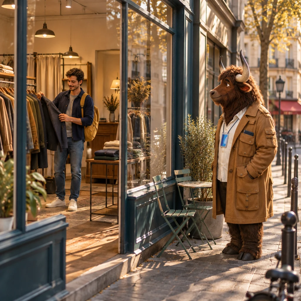 A small clothes shop near Oberkampf with Sam inside holding a dark coat while Gaspard watches from the pavement through the glass.