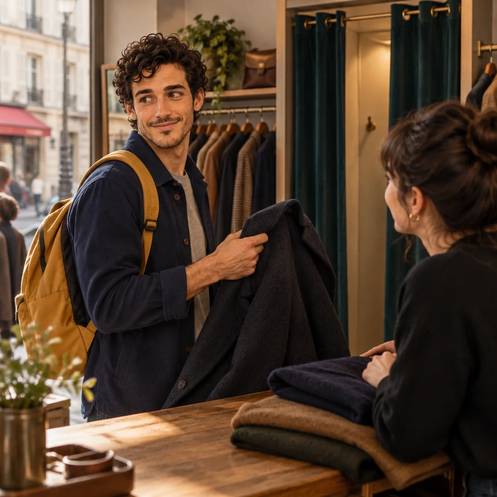 Sam holds a dark coat up toward the clerk and turns toward the fitting-room curtains.