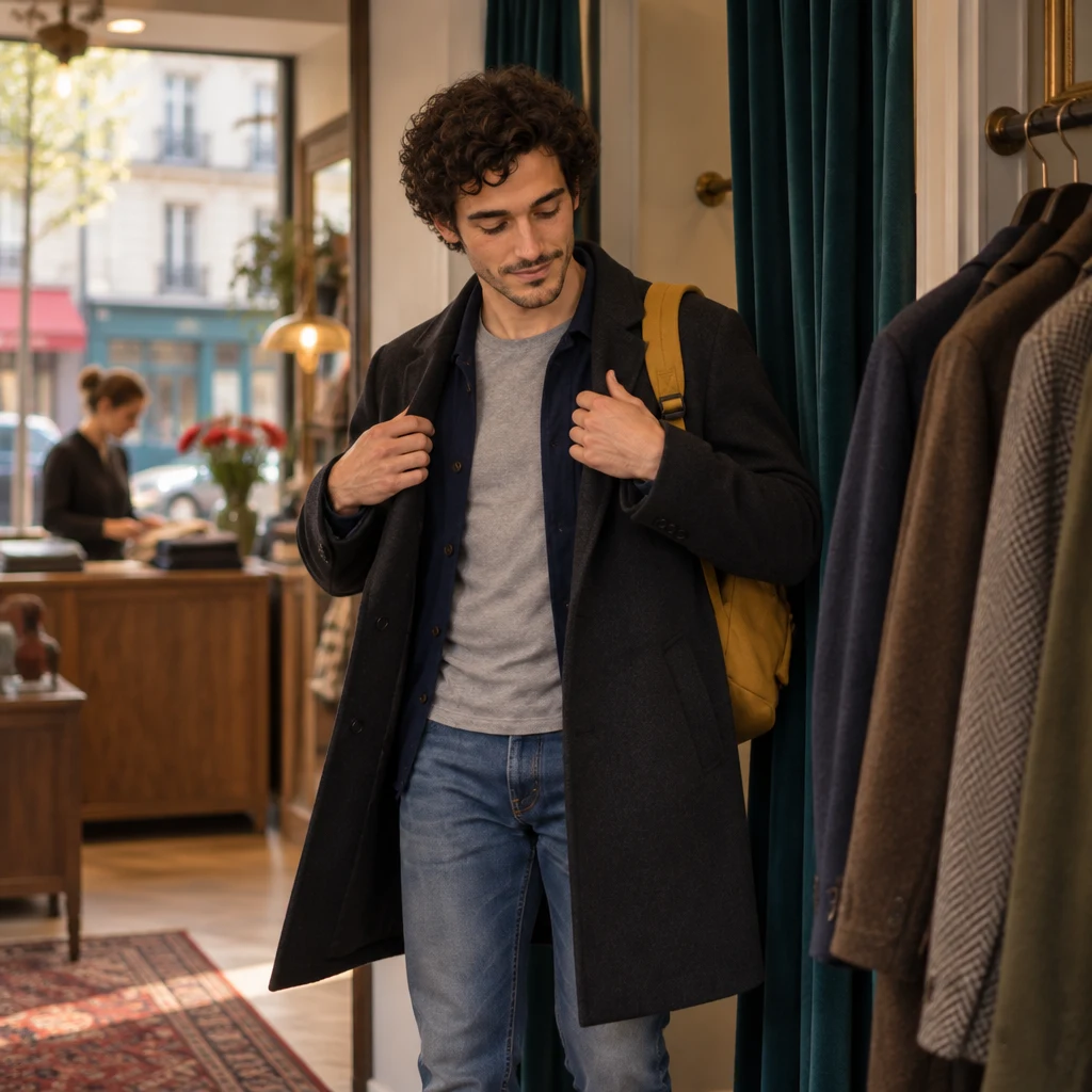 Sam steps out of a fitting-room doorway in a dark coat that will not close.