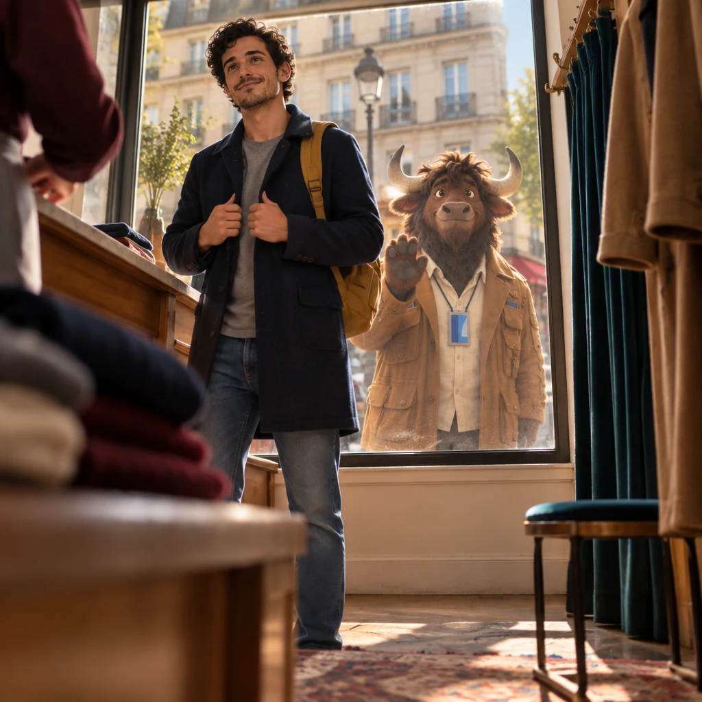 Sam stands in a dark coat that fits with both hands on the lapels toward the clerk, while Gaspard taps the glass from the street.