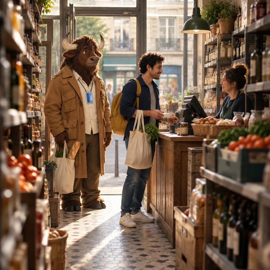 A wide view of the cramped corner grocer with Sam at the high counter, the clerk at the till, and Gaspard waiting behind with a baguette in a tote.