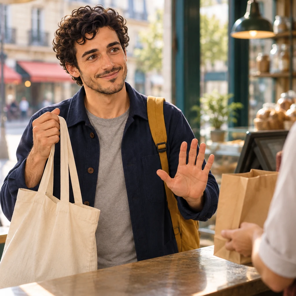 Sam lifts a reusable bag and raises an open palm to refuse the empty paper bag.