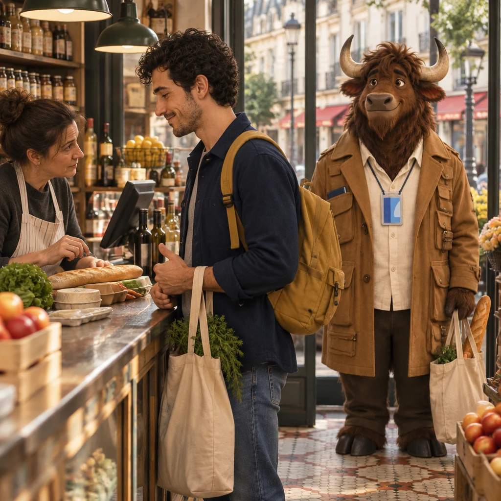 In profile along the counter, the clerk pauses over the groceries and turns toward Sam while Gaspard waits behind.