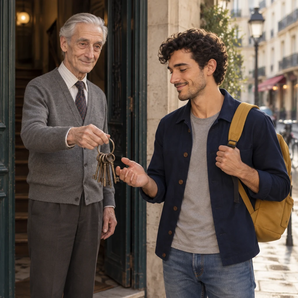 Monsieur Lefebvre stands on the doorstep and holds out a heavy ring of old keys toward Sam.