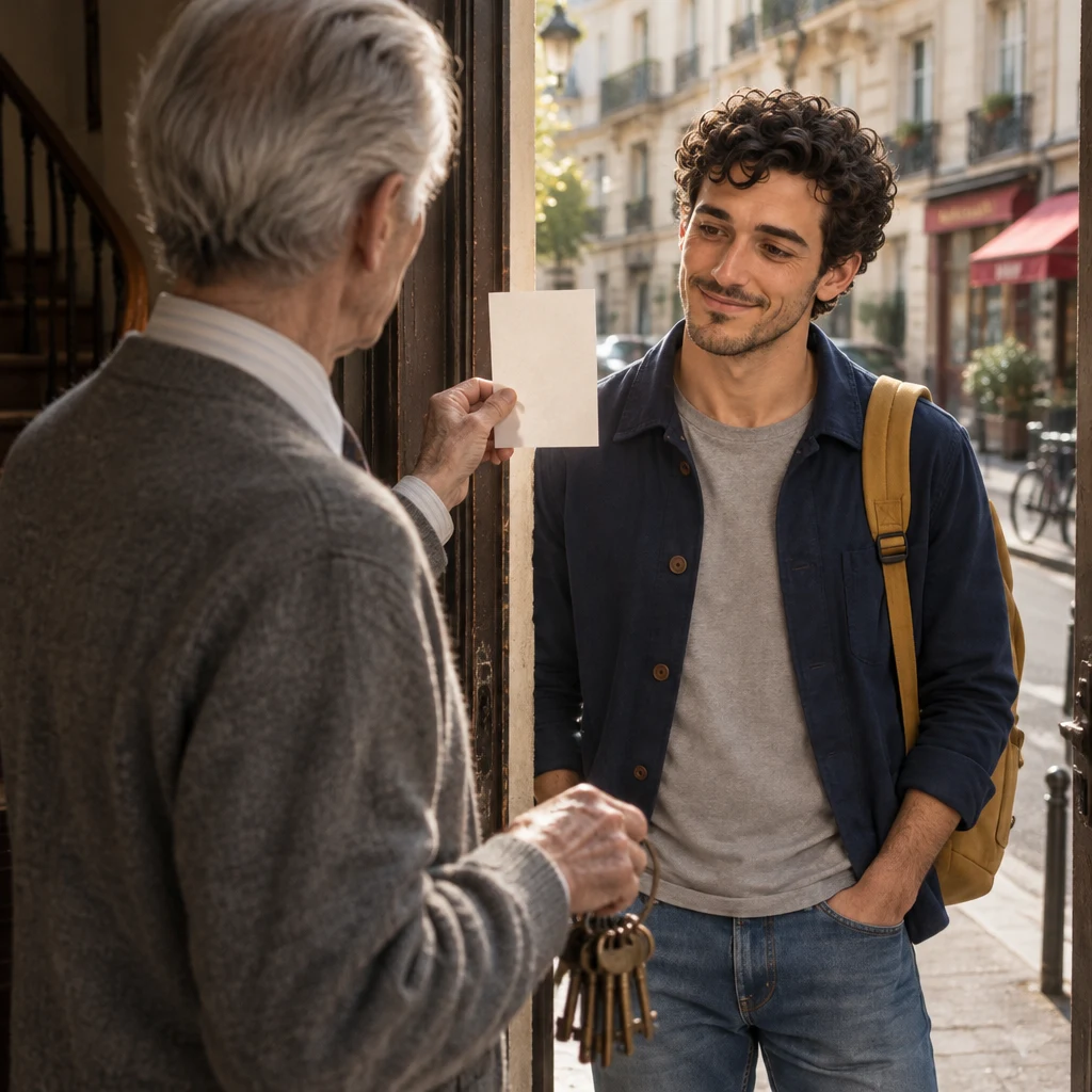 Monsieur Lefebvre holds up a small blank paper beside the open street door while Sam looks on.