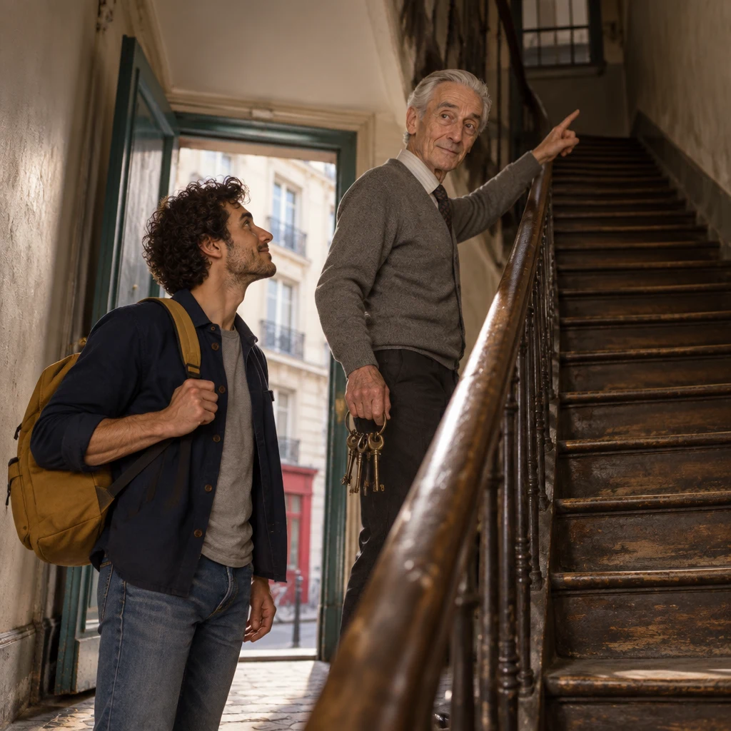 Monsieur Lefebvre stands on the worn wooden staircase pointing up toward the upper landings while Sam looks up from below.