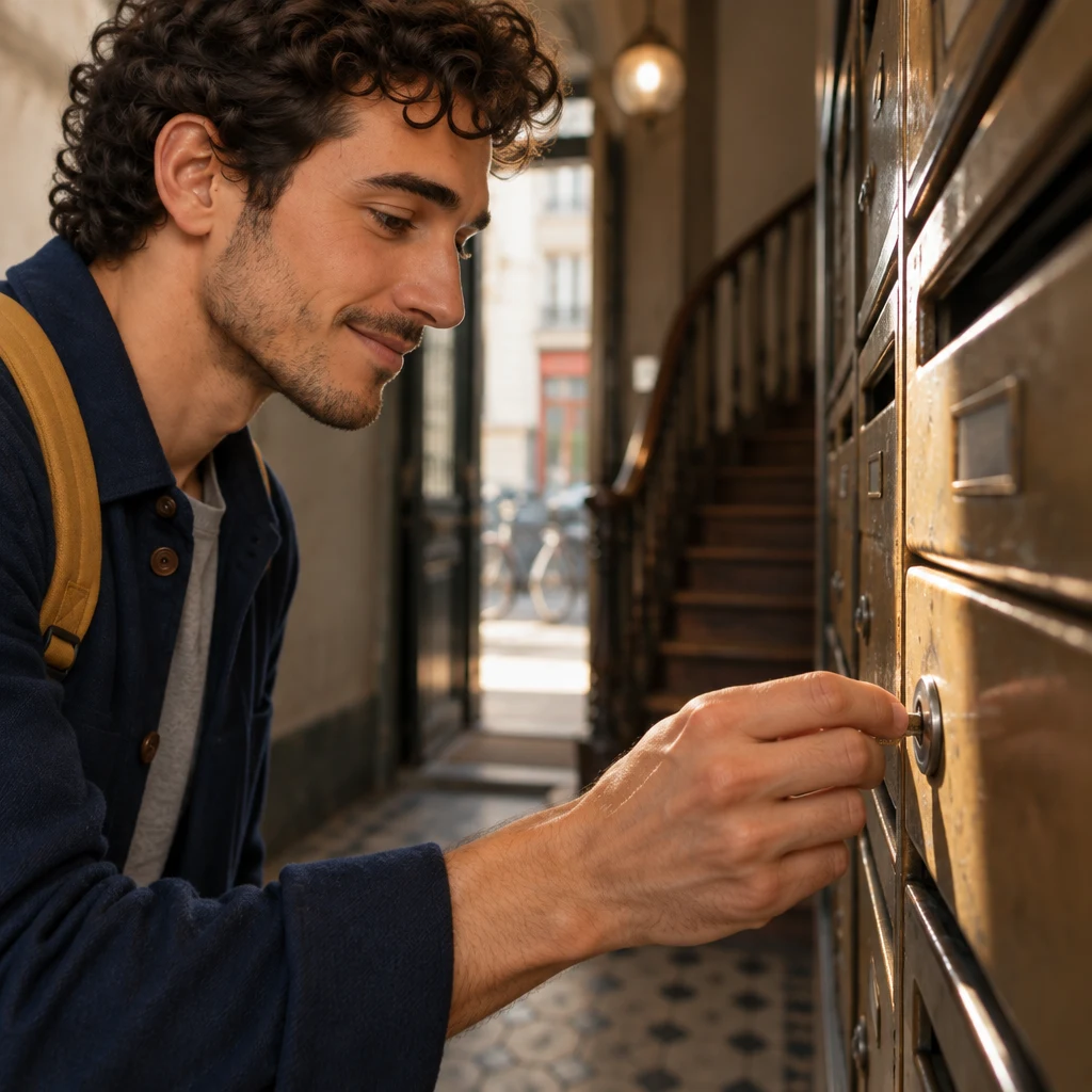 Sam leans in toward one metal letterbox with a hand near the lock.