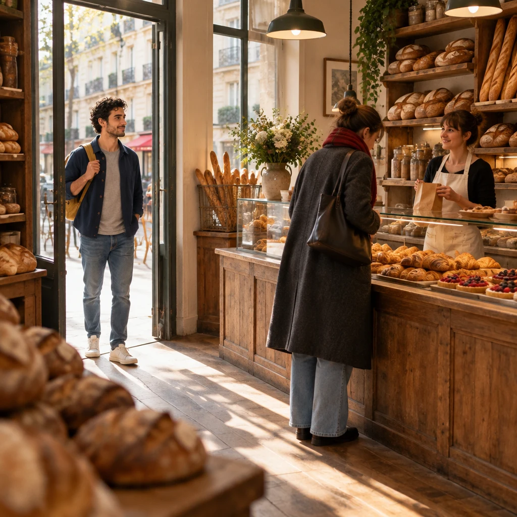 Sam has just come in; a customer stands at the pastry case and the clerk holds an empty paper bag.
