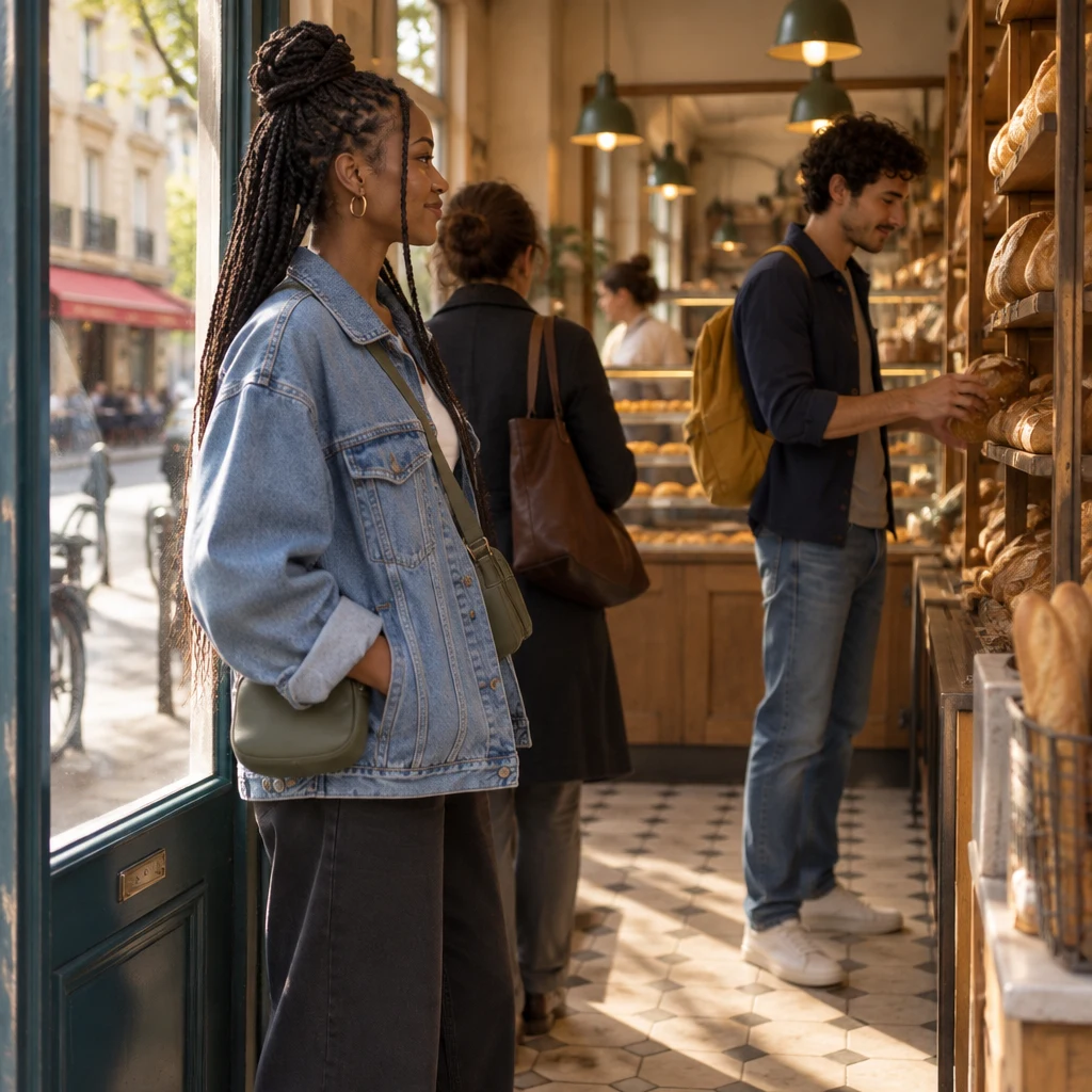 Inès steps in from the street to join the queue while Sam looks at the bread shelves.