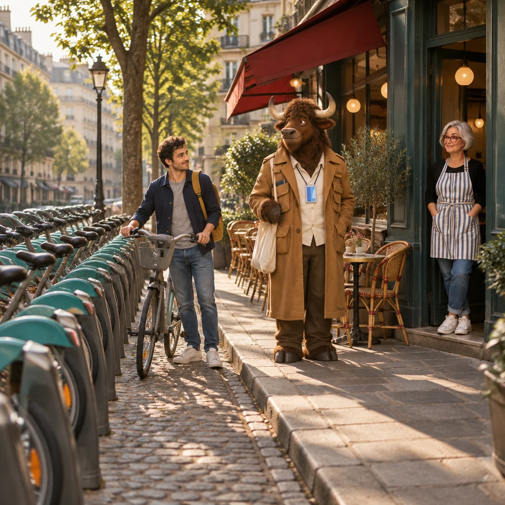 A wide morning view of the packed sidewalk bike-share dock beside the café, with Sam holding a grey bicycle, Gaspard waiting by the terrace, and Odile watching from the doorway.