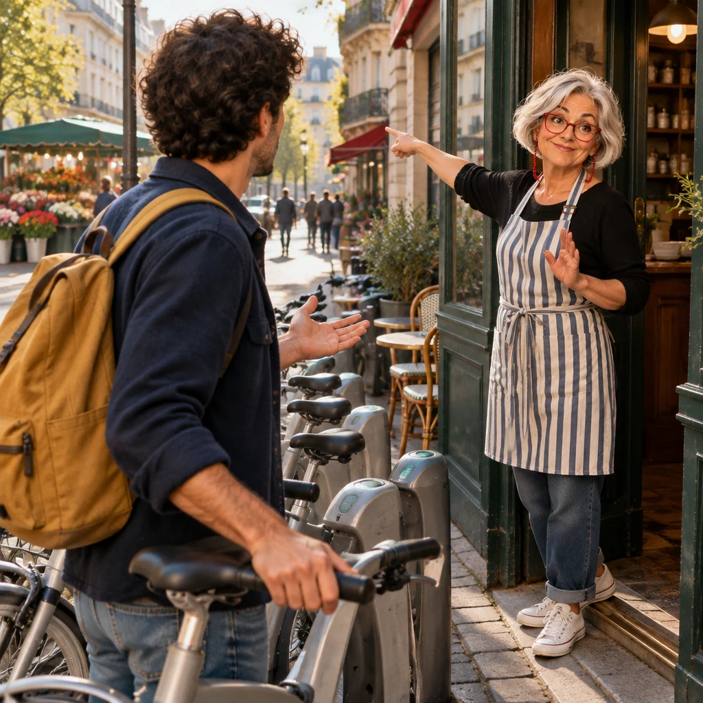 Over Sam's shoulder as Sam holds the grey bicycle and turns a questioning hand toward Odile in the doorway.