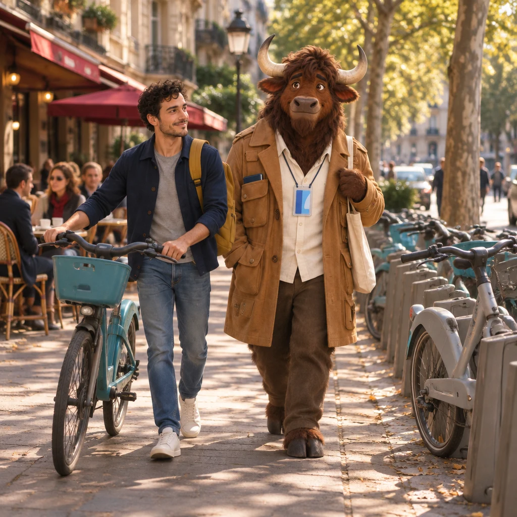 Sam steps a different bicycle backward out of a stand and starts up the street with Gaspard.