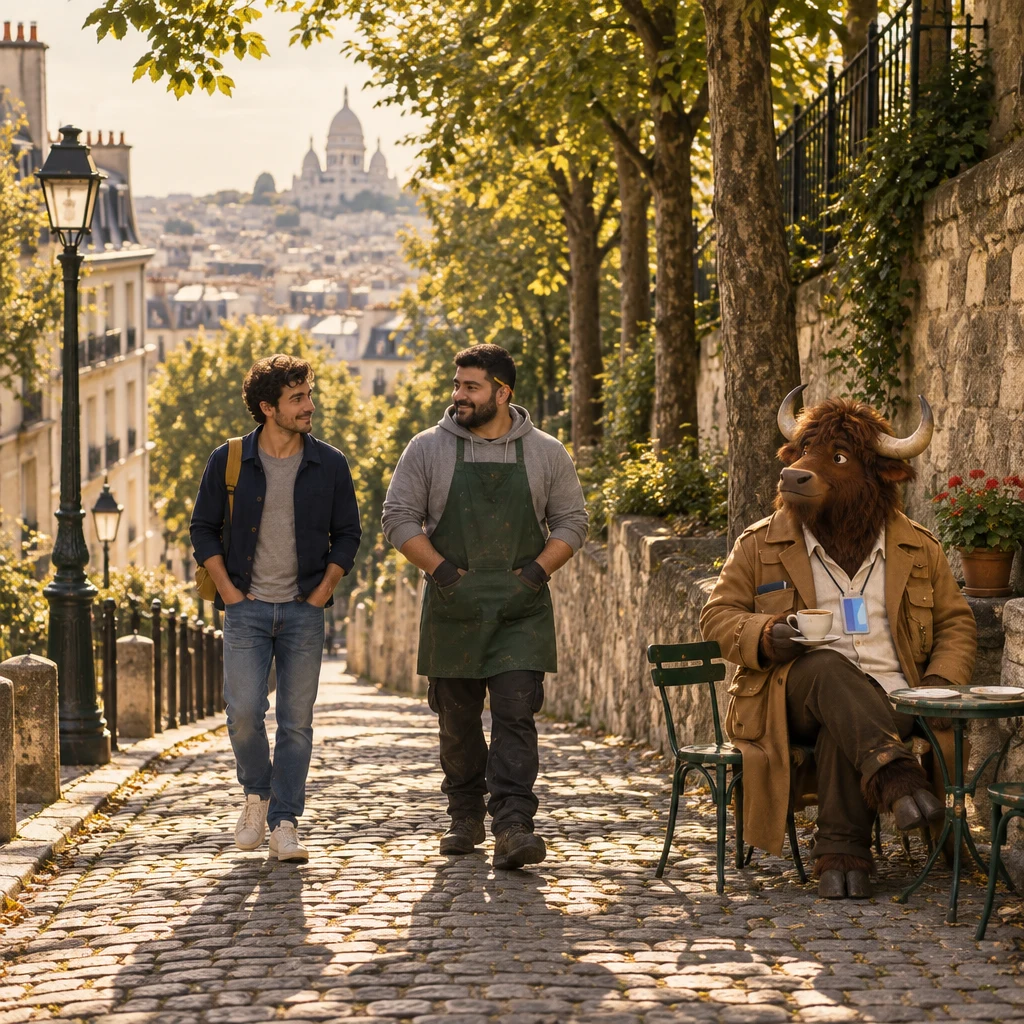 A wide afternoon view of Sam and Karim on a quiet stone path under the trees, with Gaspard seated on two chairs and an unfinished café crème.