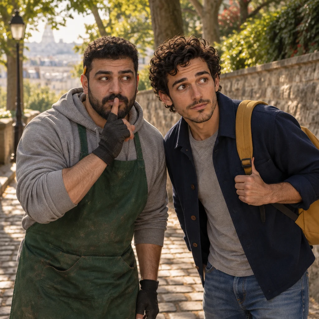 Medium two-shot of Karim and Sam on the quiet path, Karim making a hush gesture as Sam leans in.
