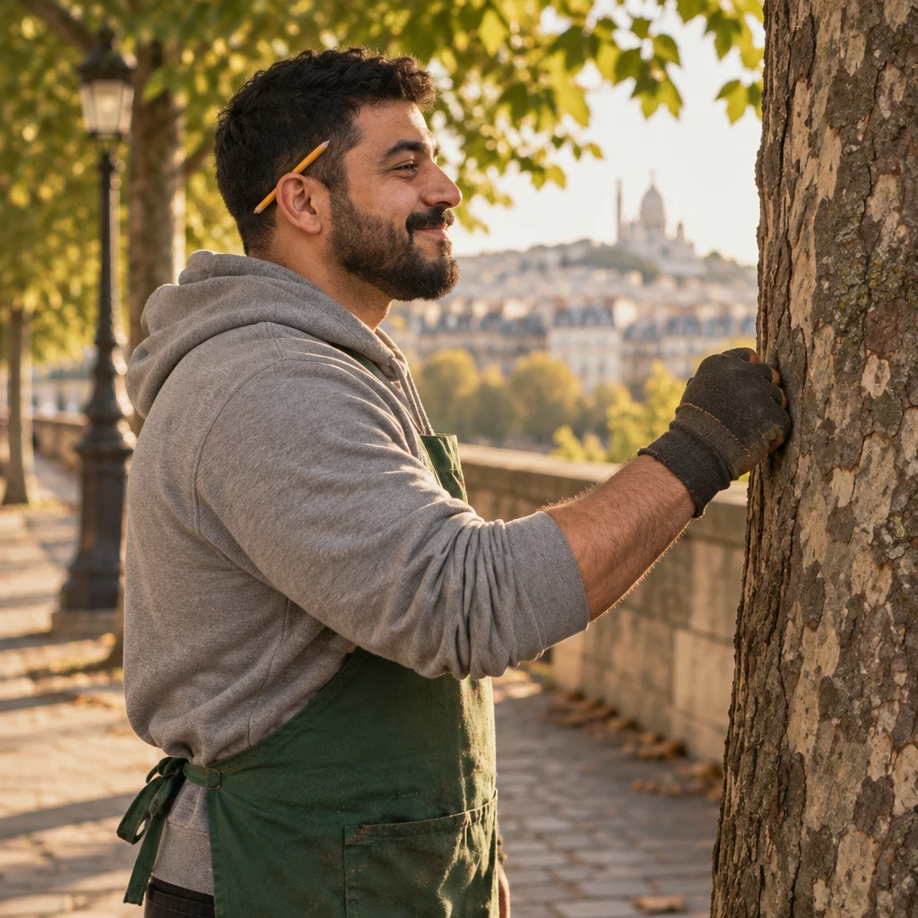 A profile of Karim on the path knocking his knuckles against a linden trunk.