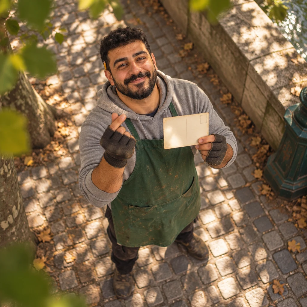 High-angle view of Karim on the path holding a blank old postcard with a small lucky gesture.