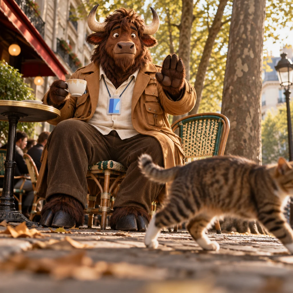 Low-angle view of Gaspard on two chairs on the path, unfinished café crème in hand, raising a warning gesture as a cat slips by.