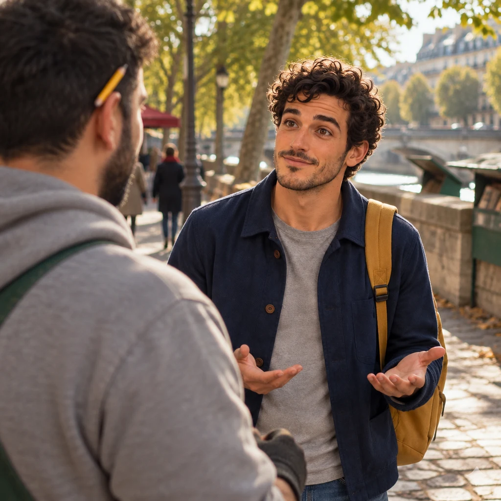 Over Karim’s shoulder, Sam faces him on the path with open questioning hands.