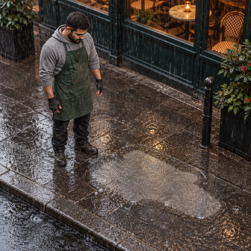 Karim stands alone in the hard rain, staring at the empty wet curb where a cargo bike should be.