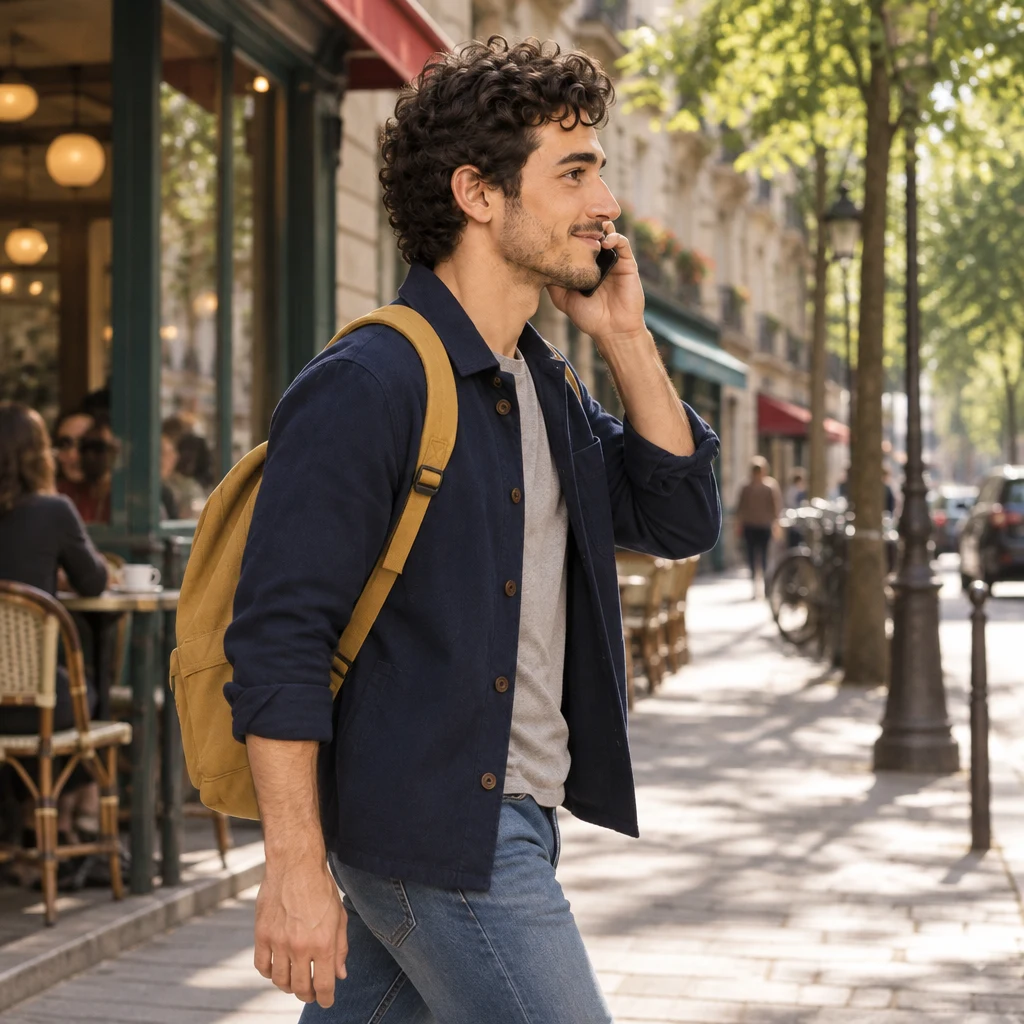 Sam walking along rue des Tilleuls in profile, a phone held to one ear as he listens while he walks.