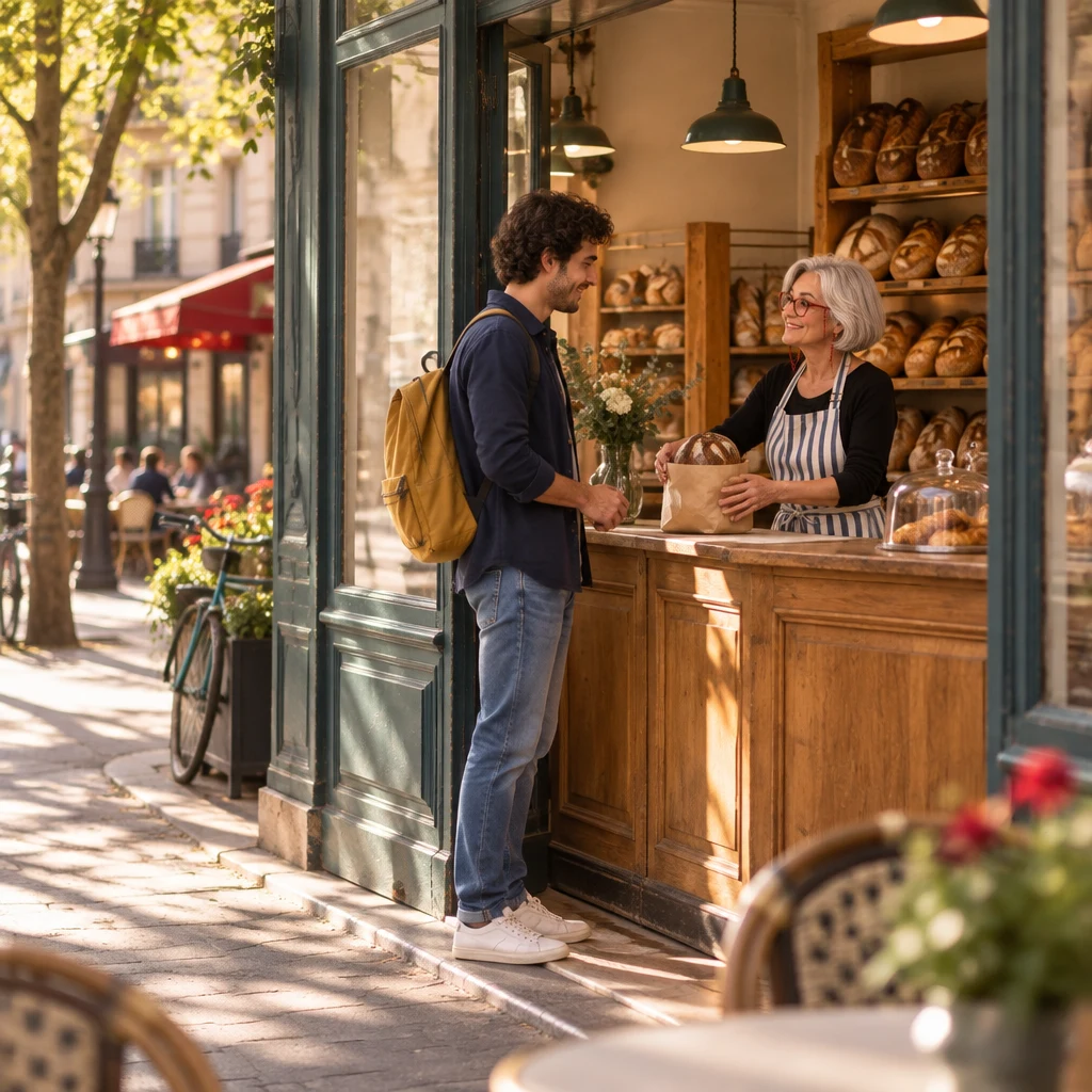 Sam stands at a small bakery counter while Odile sets down a bagged loaf that is not a baguette, with wooden bread shelves behind.