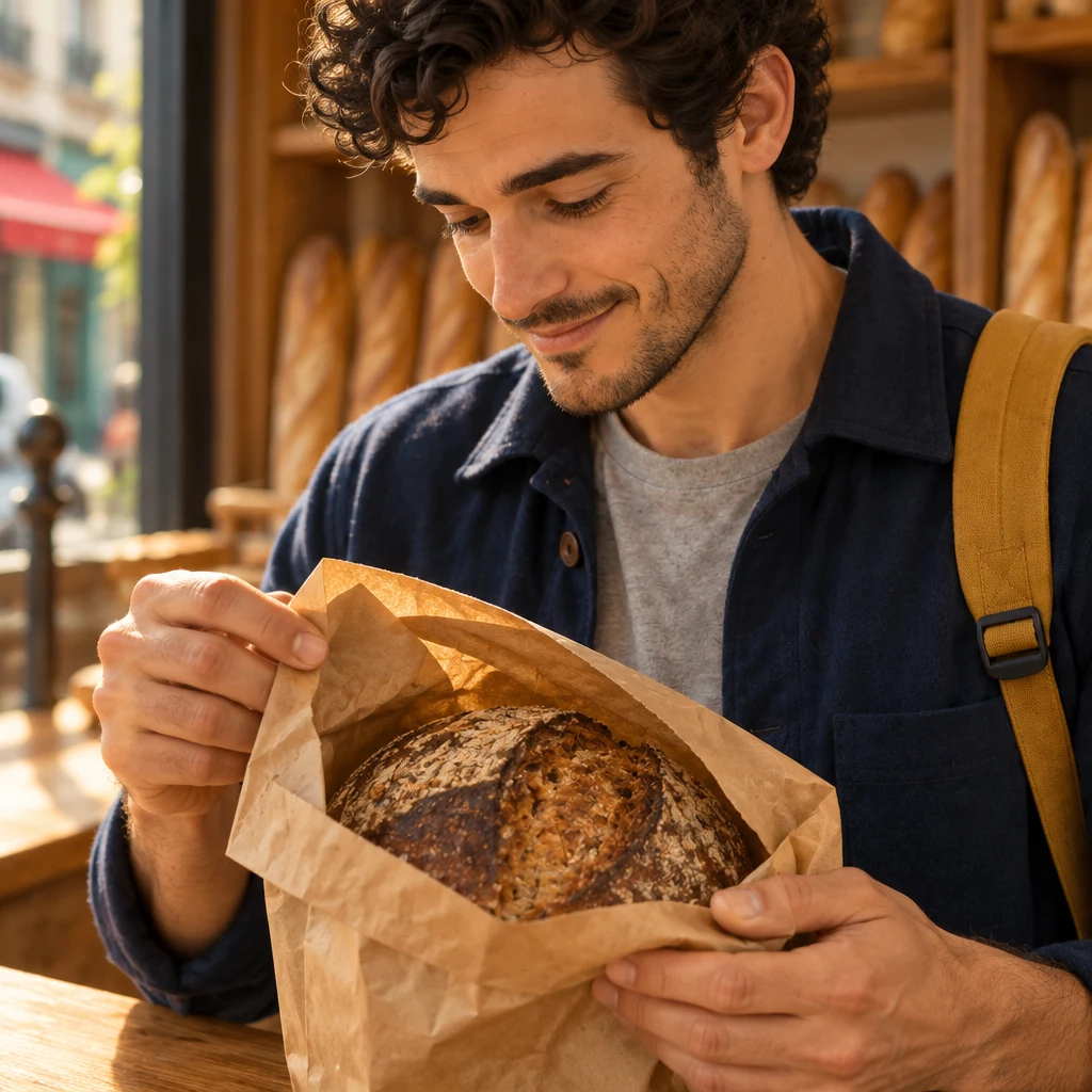 Sam looks down at a round loaf in a paper bag while baguettes sit on the shelf behind.