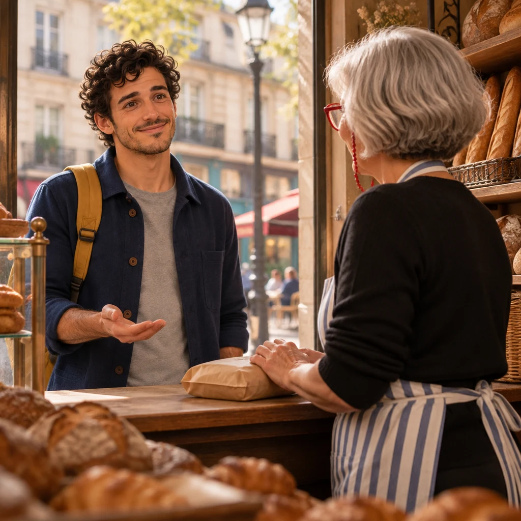 From behind the counter, Sam stands opposite Odile with one hand open, waiting for a suggestion.