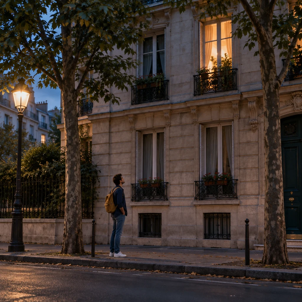 Sam stands small on a quiet side street at dusk looking up at one warm window beside a darker one on a limestone building lined with lime trees.