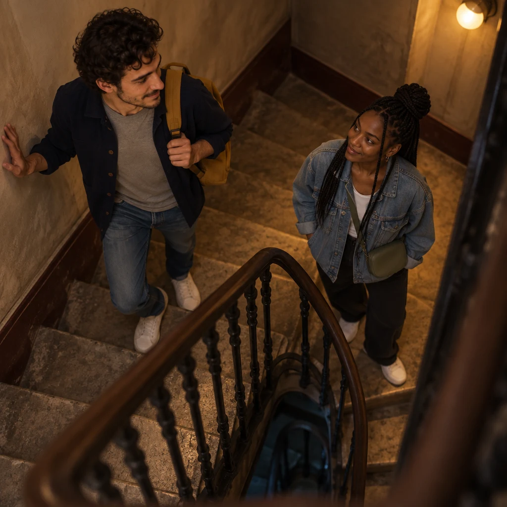 From high above, Sam pauses mid-step on a dim stairwell with a hand to the wall while Inès waits two steps below with a green bag.