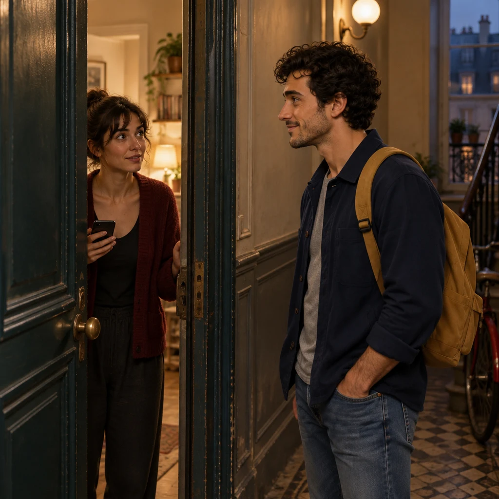 A stranger opens the neighbour’s door with a phone in one hand while Sam waits on the landing.