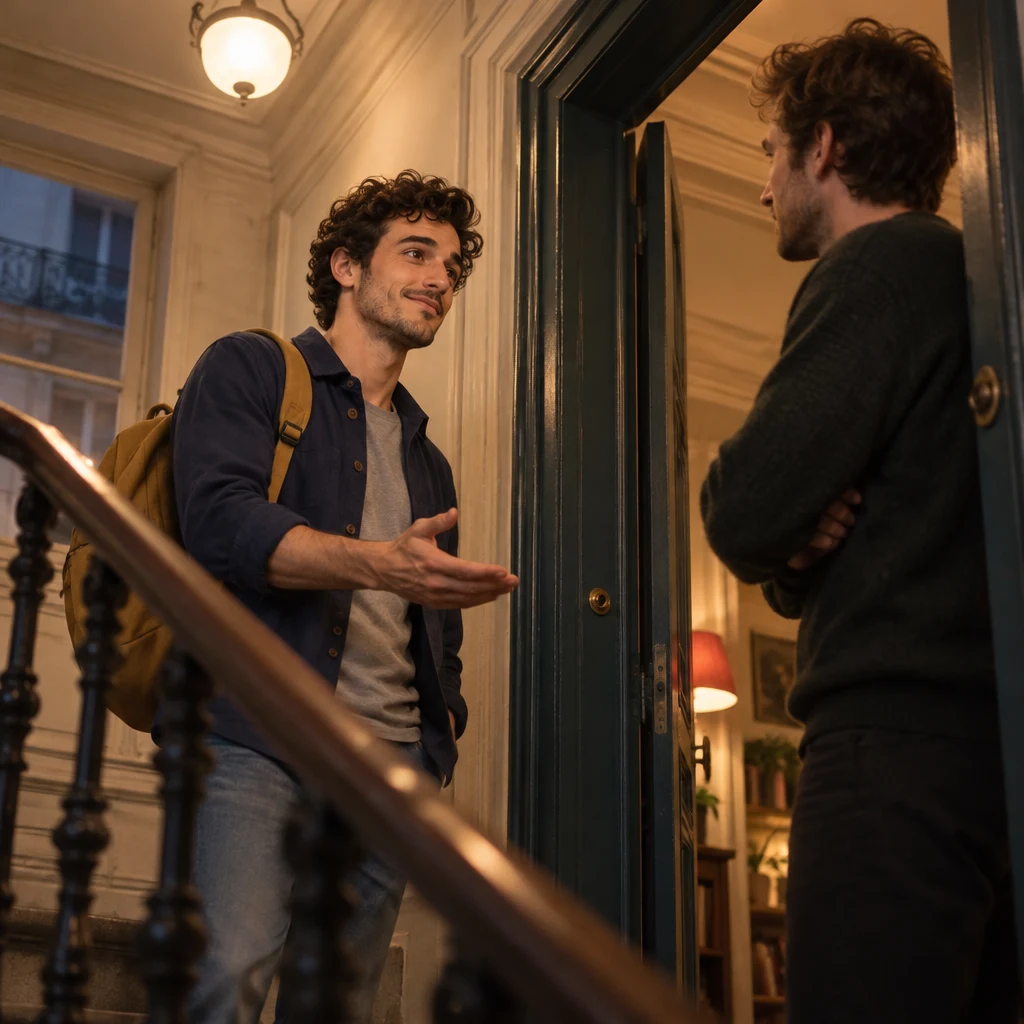 From a low angle on the stairs, Sam offers an open hand toward the stranger who still waits in the doorway.