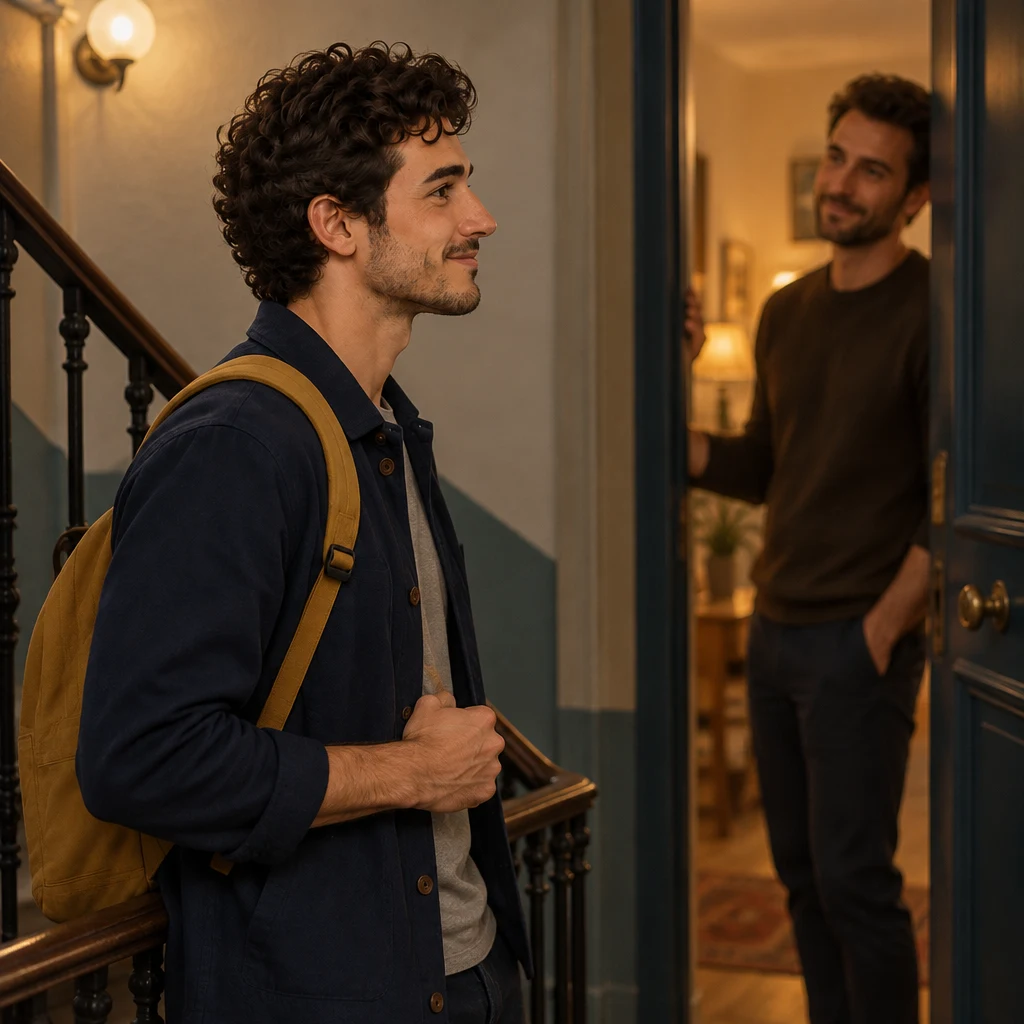In profile on the landing, Sam gives a small nod as the stranger stays in the doorway.