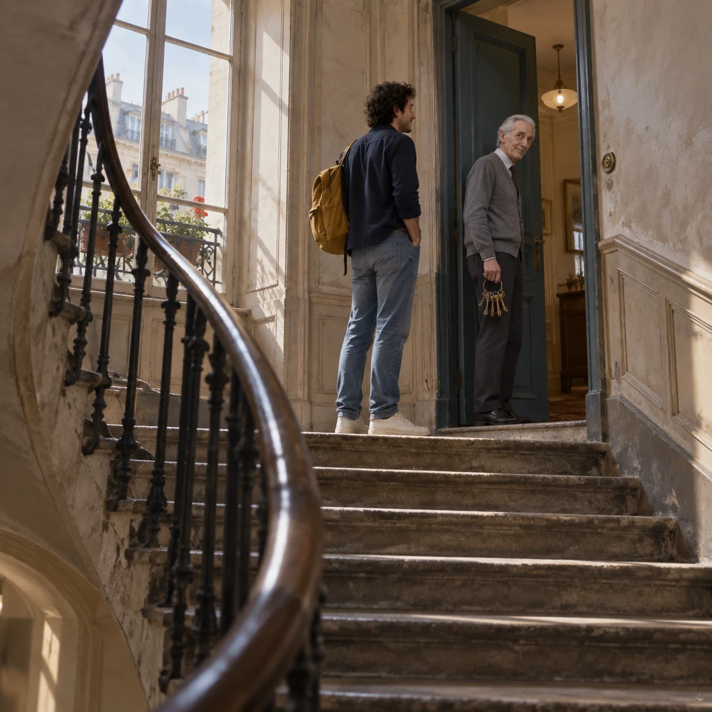 Wide view of a worn Paris stairwell where Sam faces Lefebvre, who stands in an open doorway with keys, already turning to go.