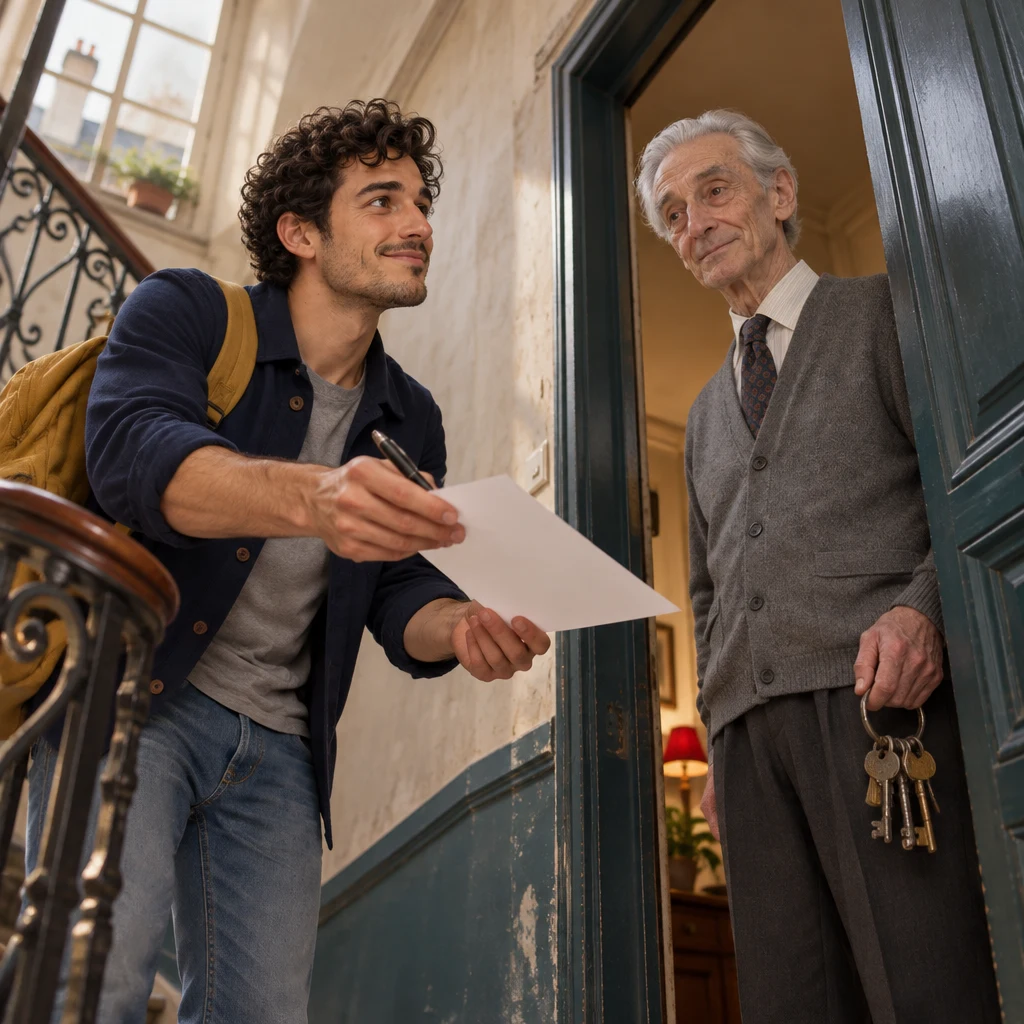 From a low angle, Sam leans forward on the landing and holds out a plain page and a pen toward Lefebvre in the doorway.
