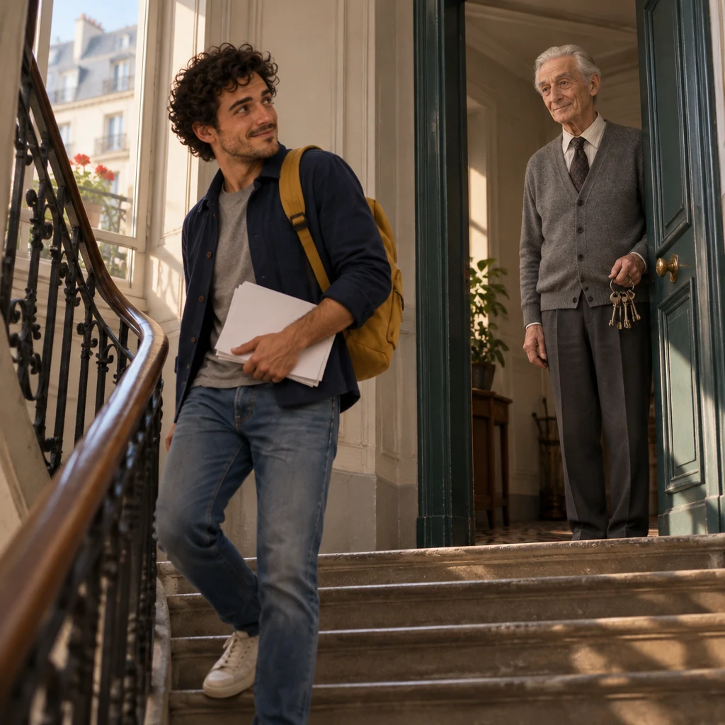Sam is already one step down the stairs, papers under one arm, looking back at Lefebvre still in the doorway with keys.