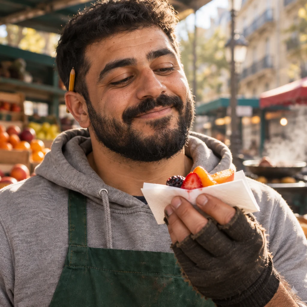 Karim lifts a taste of fruit on the napkin and looks down at it with clear pleasure.