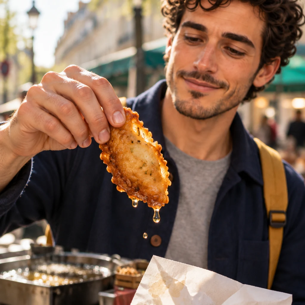 Sam holds a glistening greasy fried piece away from the body and studies the oil on it.